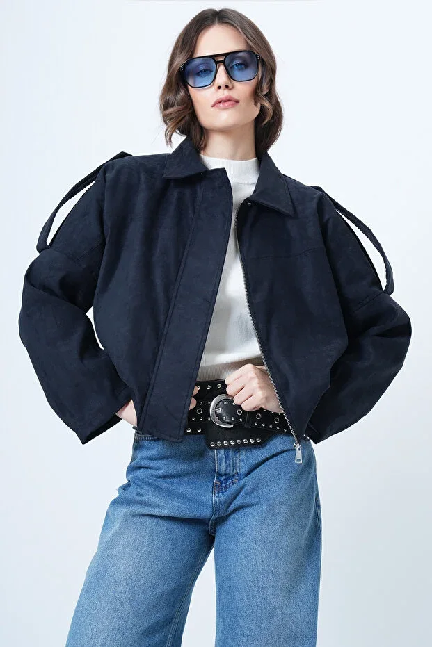 Navy Blue Shoulder Epaulet Lined Faux Suede Bomber Jacket ALC-X14526