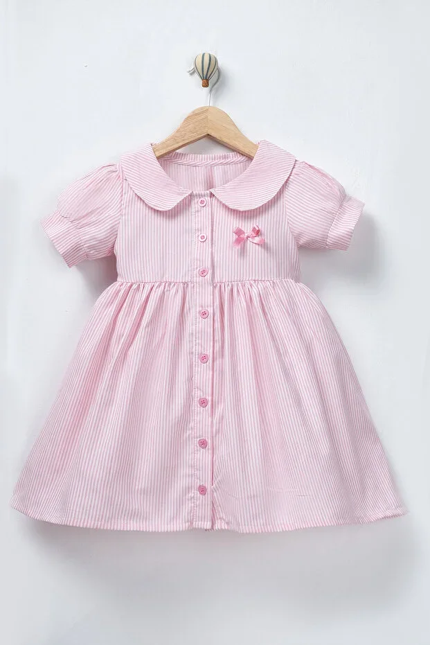 Girls' Striped Buttoned Balloon Sleeve Collar Pink Bow Dress