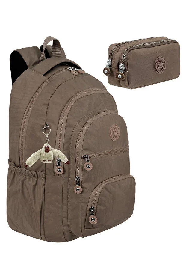 2-Piece Set Luxury Crinkle Fabric High School and Middle School Backpack + Pencil Case, Monkey Keychain Gift