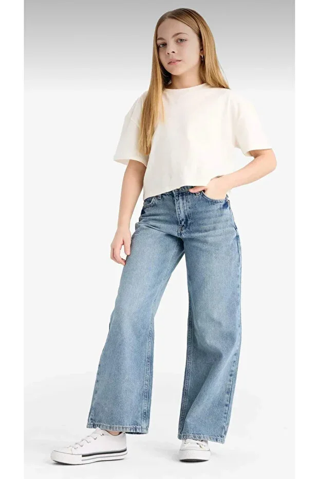 Girls Blue Color 100% Cotton Adjustable Waist Relaxed Fit Wide Leg Denim Pants 6-15 Years