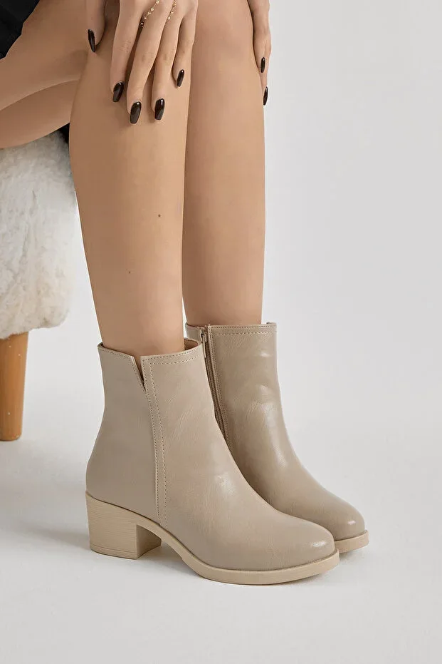 Women's Beige Leather Heeled Boots with Zipper and Thermo Sole