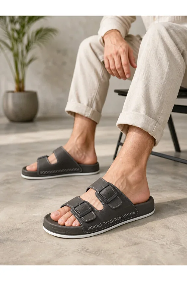 Men's Grey Double Buckle White Stitching Anatomical Smoked Leather Casual Slippers