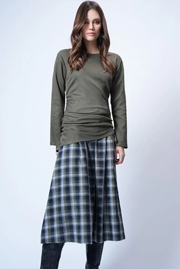 Women's Khaki Round Neck Asymmetric Cut Long Tunic ALC-X14705