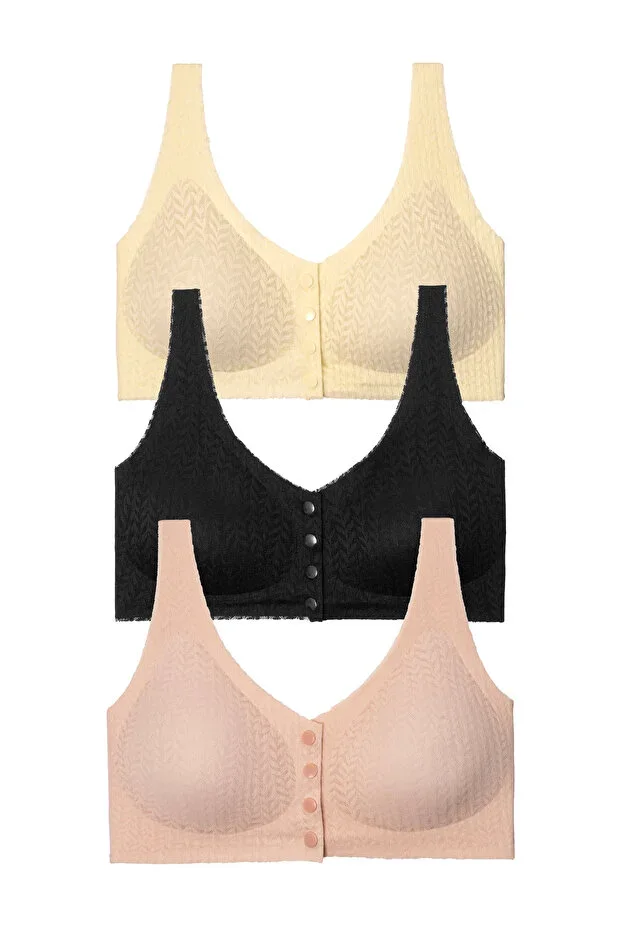 3-Piece Women's Seamless Laser Cut Bra Set Front Snap Gathered Padded Comfortable Bustier Black Cream Pink