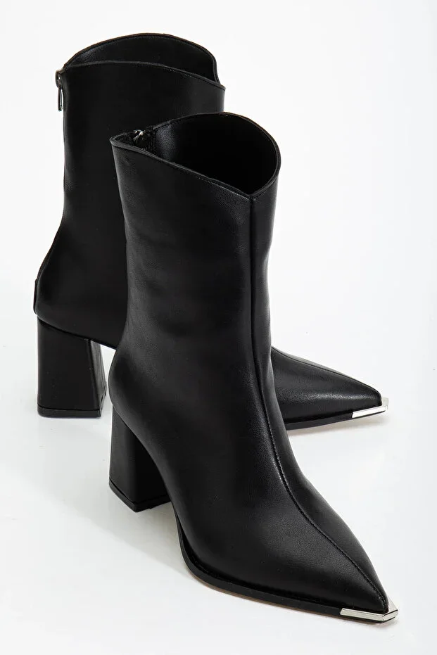 Women's Black Back Zippered Pointed Toe Metal Detail Heeled Boots