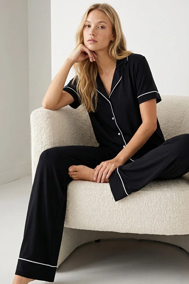 Women's Short Sleeve Cotton Buttoned Piped Pajama Set
