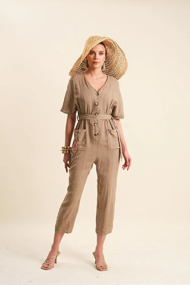 Linen Jumpsuit with Embroidered Detail and Belt