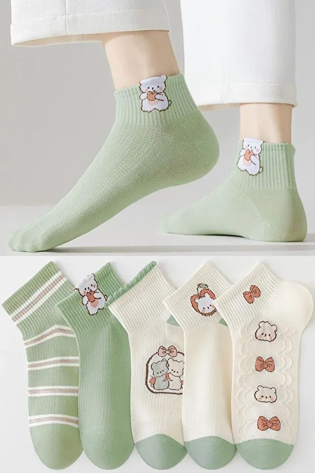 5 Pairs Women's Beige Happy Patterned Socks