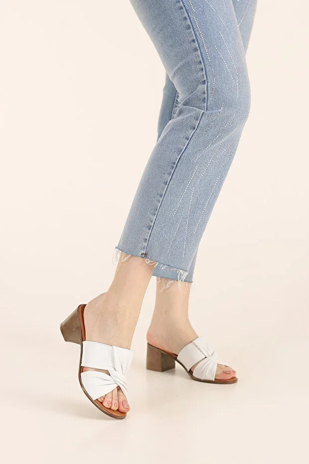 Women's White Genuine Cowhide Heeled Daily Slippers K102 with Cross Shirring Strap Detail