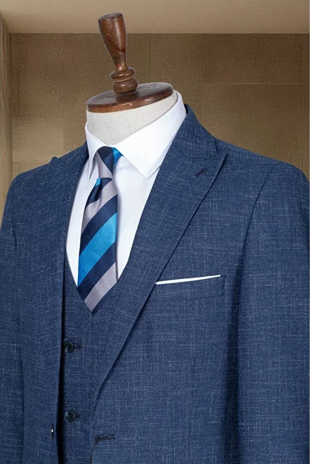Navy Blue Blazer Jacket-Vest-Pants Set- Suit