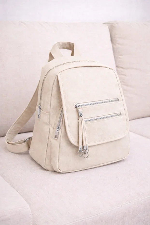 Women's Cream Mini Multi-Compartment Fabric Backpack – Daily Use Bag with Flap Pocket Detail