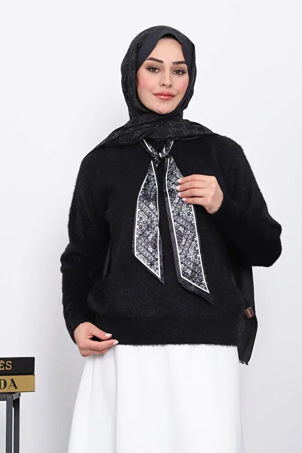 Black Scarf Detailed Angora Soft Sweater
