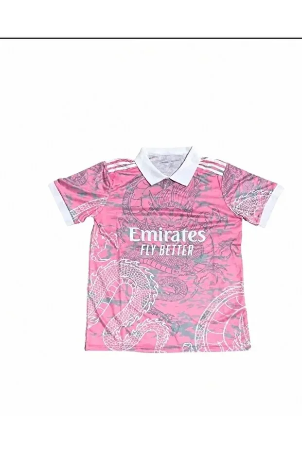 Unisex Dragon Patterned Polo Neck Pink Jersey