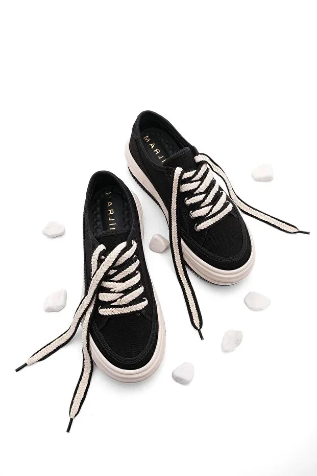 Women's Sneaker High Sole Laced Linen Sports Shoe Kotnel Black