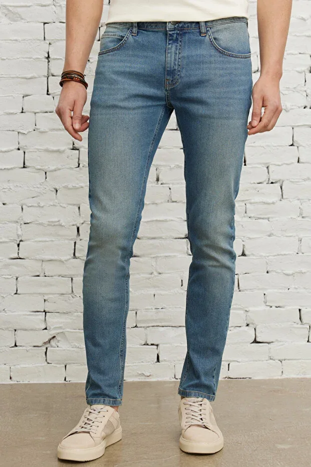Men's Petrol Blue Extra Slim Fit Cotton Stretch Rıss Jean Denim Trousers