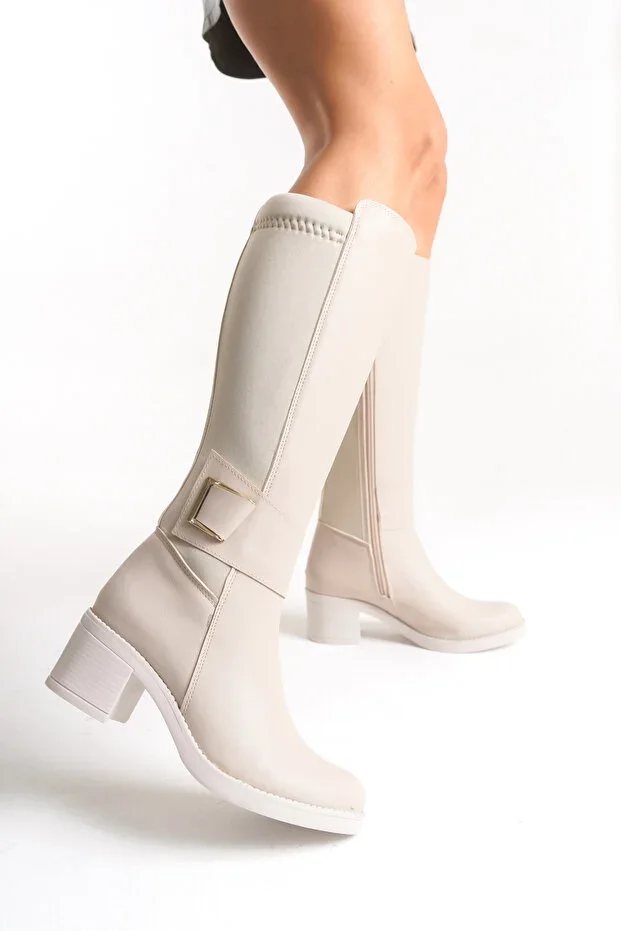 Leather Look Back Stretch Flexible Thick Medium High Heel Buckle Detail Zippered Beige Long Boots