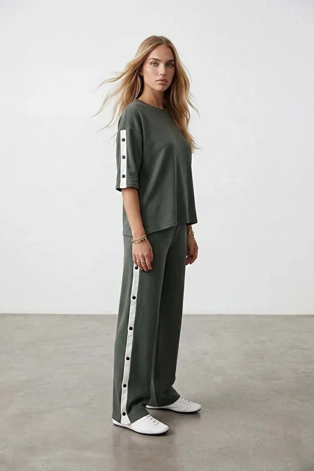 Women's Khaki Round Neck Snap Closure Ribbed Knit Tracksuit Set Alc-X13486