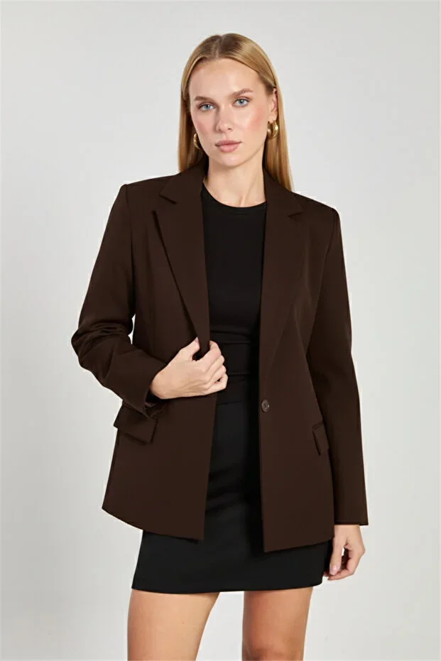 Women's Single Button Blazer Jacket - Coffee