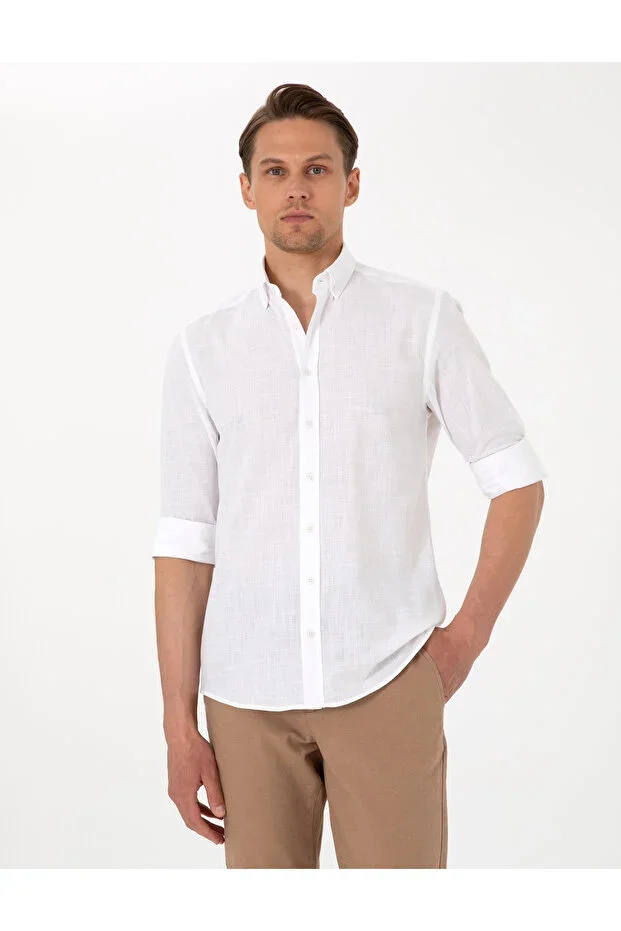 White Linen Look Slim Fit Long Sleeve Shirt 50307025-VR013