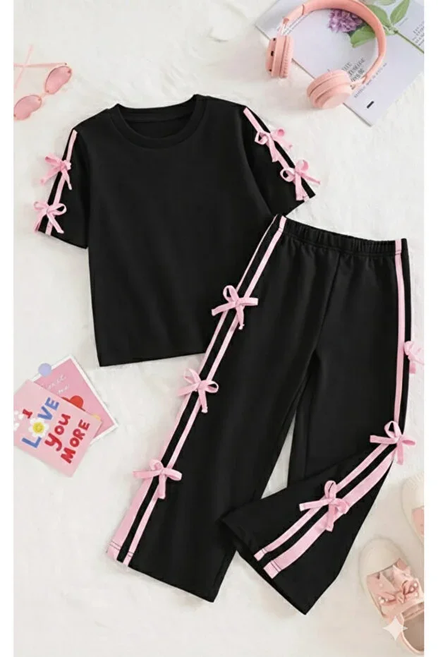 Girls' T-shirt and Sweatpants 2-Piece Set with Bow and Stripe Detail - Black (3-12 Years)