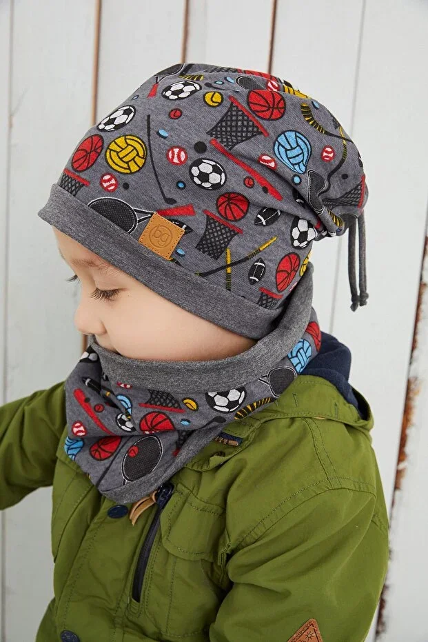 Men's Boys' Charcoal Sports Beanie Neck Warmer Set Soft Double Layered 100% Natural Cotton Combed