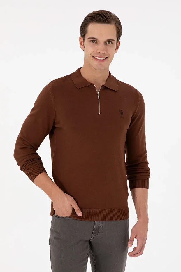 Men's Slim Fit Half-Zip Brown Basic Sweater 50297066-VR158