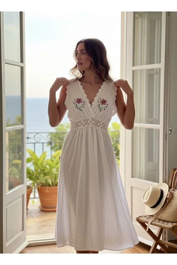 Women's 100% Cotton Buldan Fabric Handmade Lace Embroidered Beach and Daily Dress