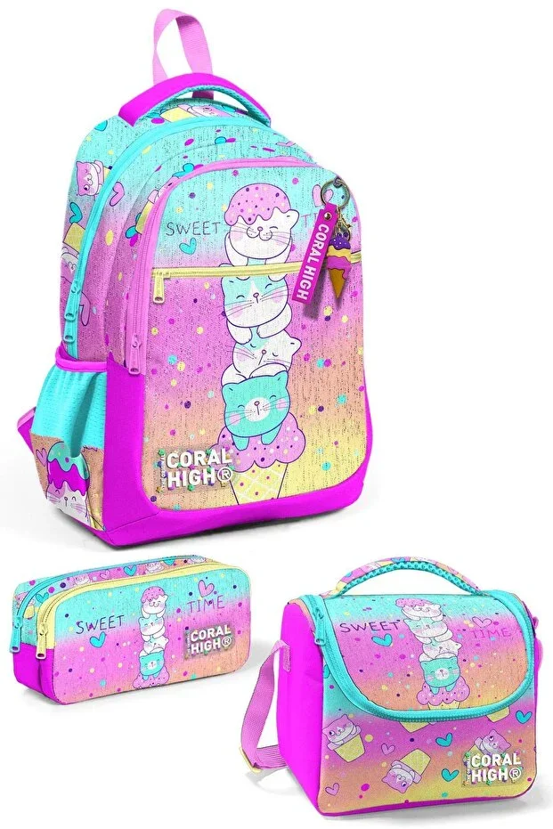 Kids Colorful Ice Cream Cat Patterned 3-Piece School Bag Set SET0123648