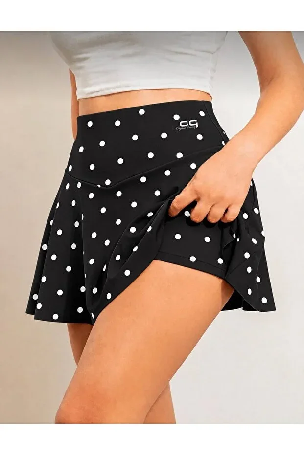 Oq Dotted Gathered Skirt with Pocket Shorts