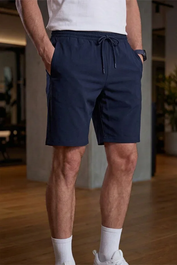 Men's Navy Blue Ultra Light Parachute Fabric Pocketed Elastic Waist Bermuda Shorts