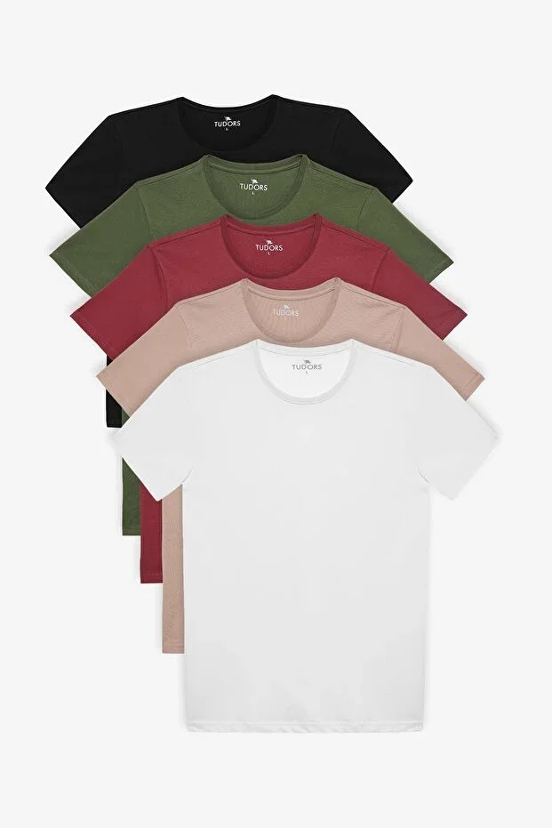 Unisex 5-Pack Black-White-Khaki-Burgundy-Beige Slim Fit Narrow Cut 100% Cotton Crew Neck T-Shirt