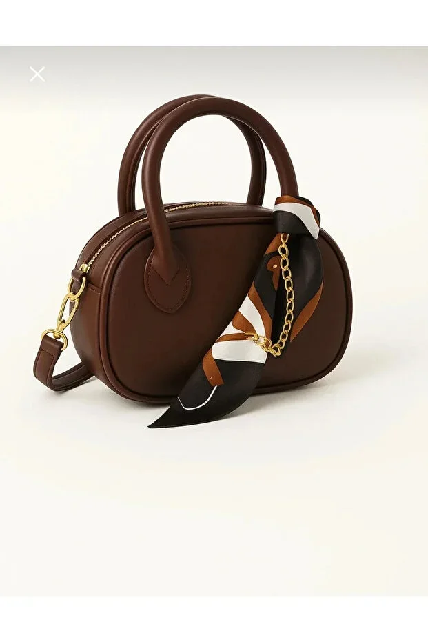 Coffee Mini Hand & Shoulder Bag – Gold Detailed, Scarf Accessory