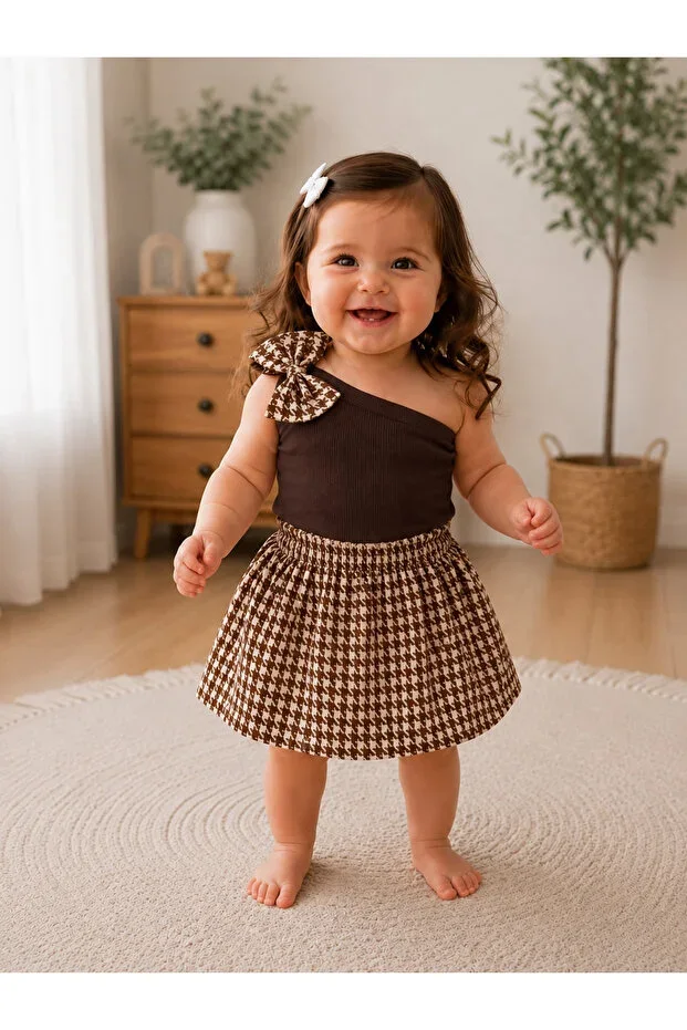 BROWN BABY CHILD ONE SHOULDER CROP SKIRT SET SUIT BOTTOM TOP SUIT