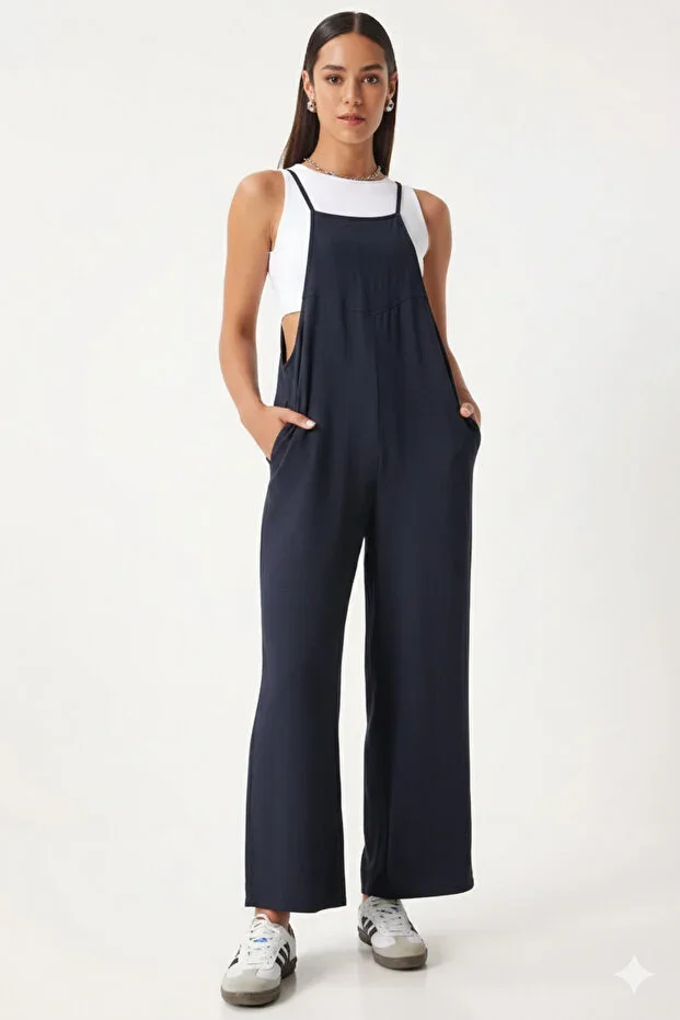 Women's Navy Blue Adjustable Strap Pocket Wide Leg Overalls HZL22S-BD170191