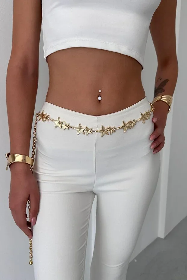 JACKET WITH STAR CHAIN ACCESSORY, DRESS, TROUSERS, EVENING DRESS, BODY CHAIN, BEACH BELT