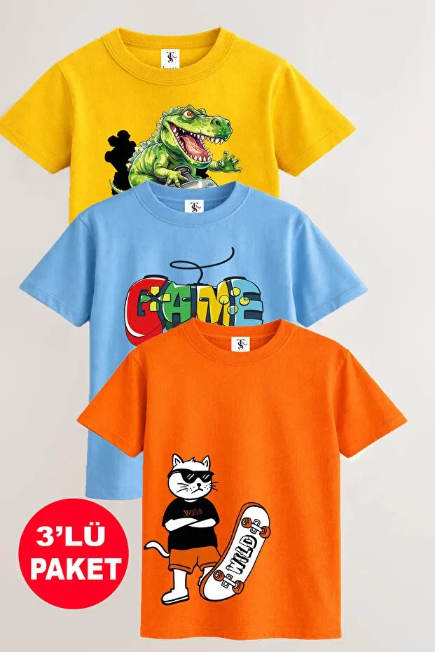 Skateboard Cat and Game Printed 3-Piece Set Unisex Yellow-Blue-Orange Kids T-Shirt