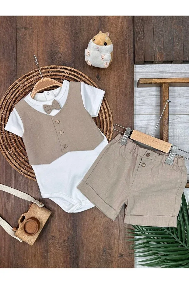Raw Linen Organic Vest Detailed Bowtie Bottom Snap 2-Piece Baby Boy Set