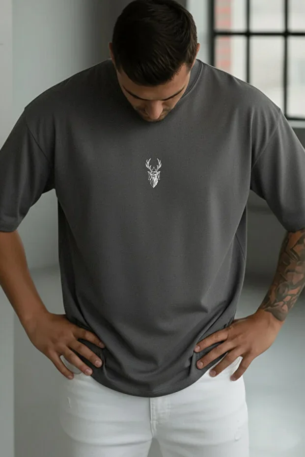 Men's Charcoal Deer Print Oversize Fit Loose Wide Cut T-shirt