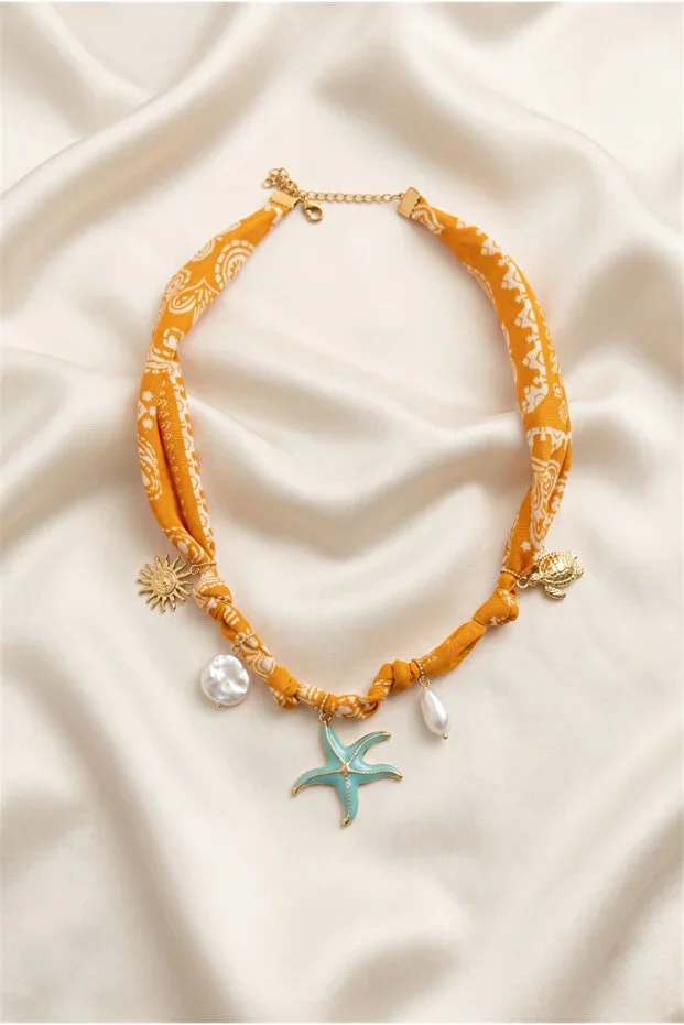 Mustard Yellow Scarf Detailed Starfish Figurine Gold Color Steel Necklace