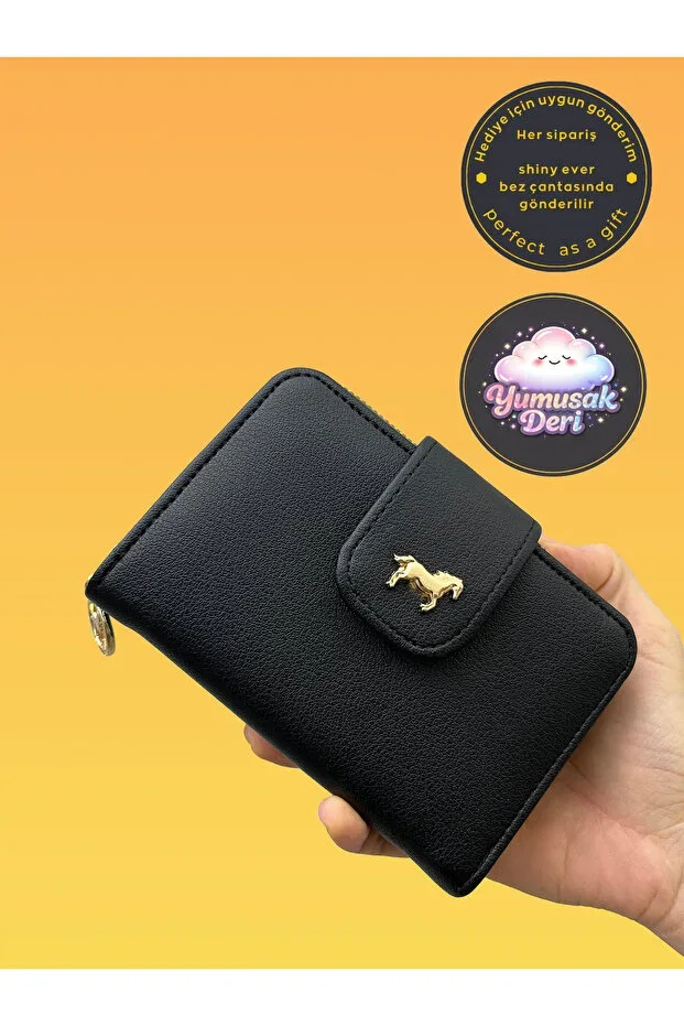 Medium Black Women's Leather Wallet with Gold Details
