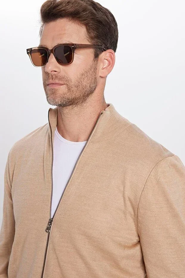 Unisex Slim Fit Beige Stand-Up Collar Zip-Up Plain Cardigan