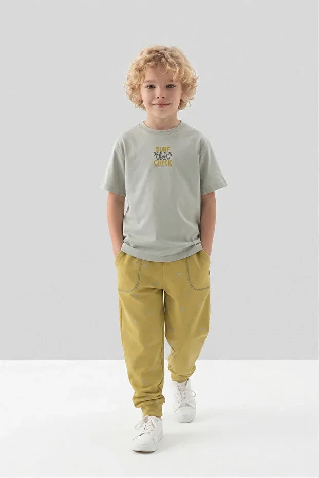 Bicycle Collar Tropical Patterned Boys 2-Piece Top Bottom T-shirt Pants Summer Tracksuit Set