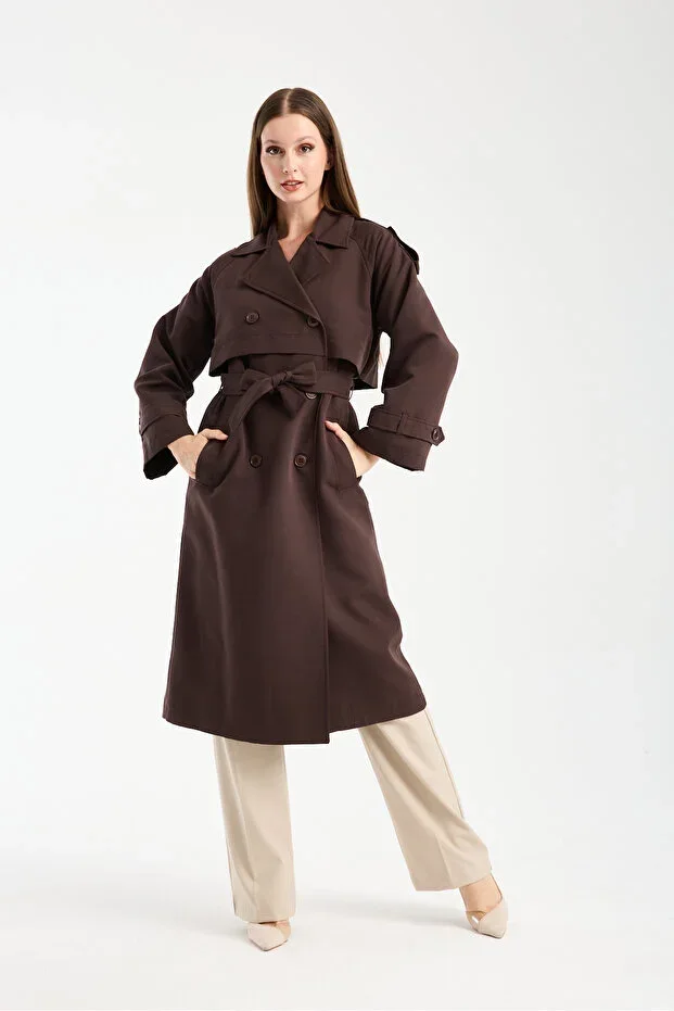 Bitter Coffee Trench Coat with Cross Closure and Windbreaker Detail 44956
