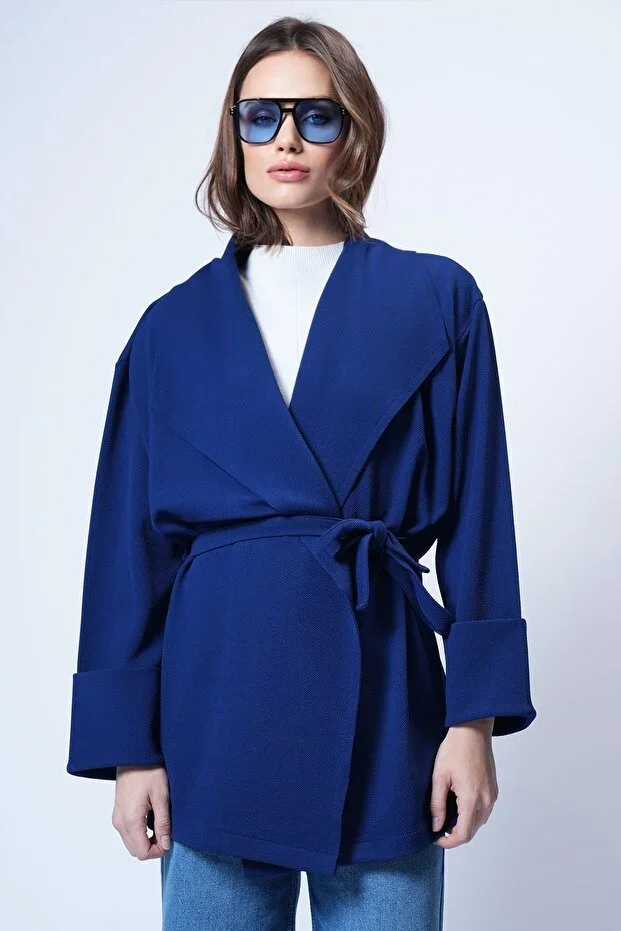 Navy Blue Shawl Collar Textured Belted Long Coat ALC-X14481