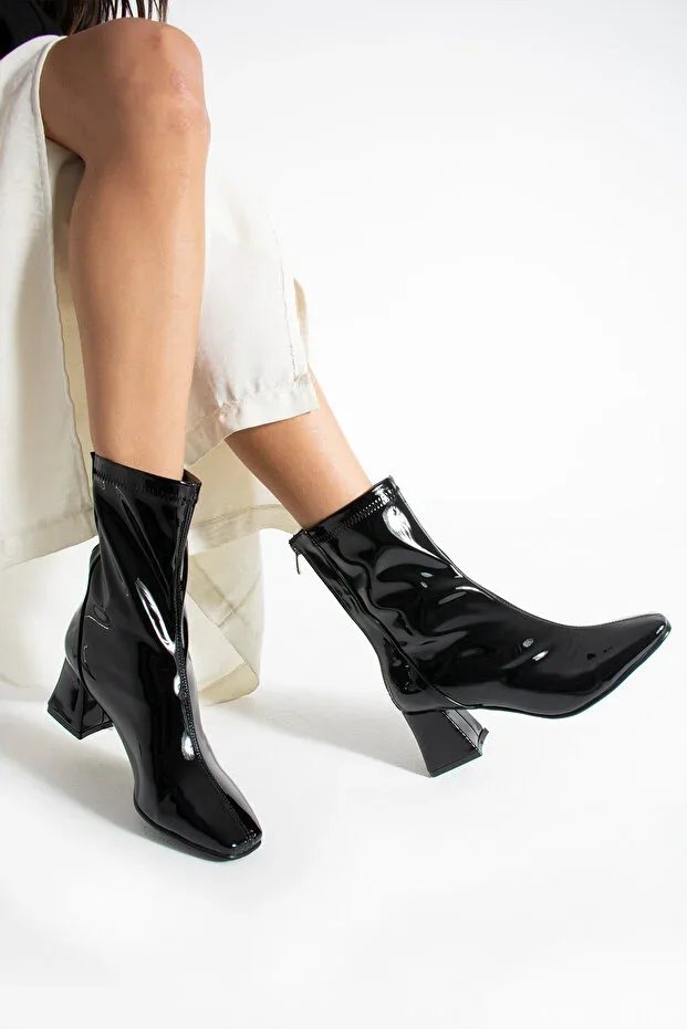 Alvis Black Patent Colored Thick Heel Stretch Women's Boot