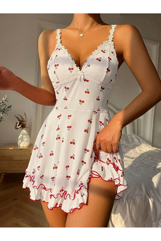 Romantic White Cherry Print Strappy Thong & Nightgown