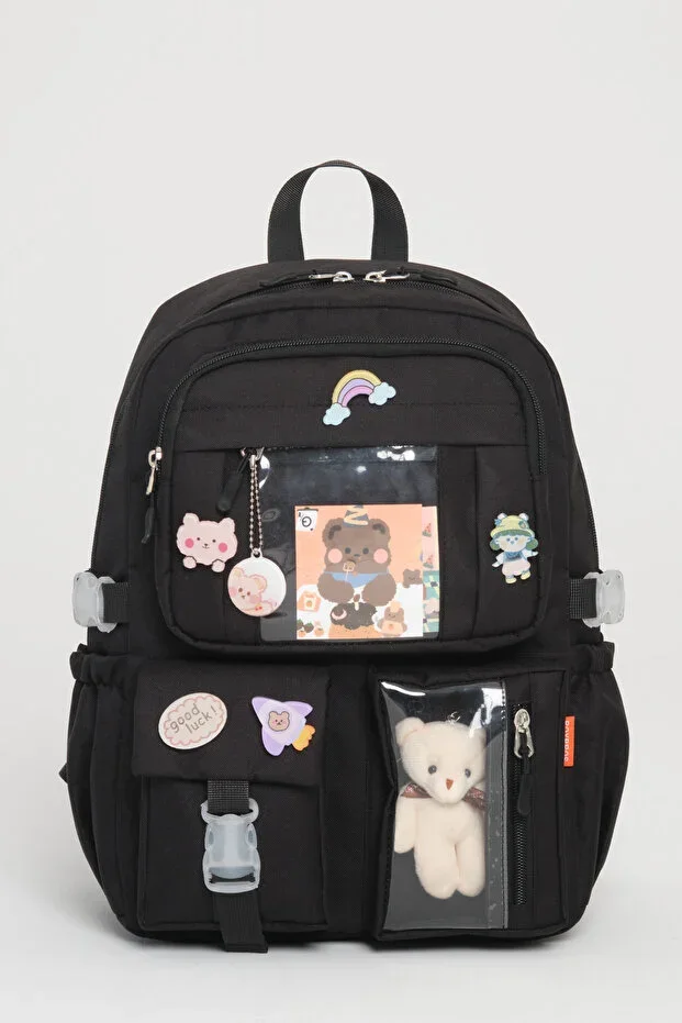 Kawaii Korean Style School Bag with Accessory for Girls and Boys Backpack BLACK