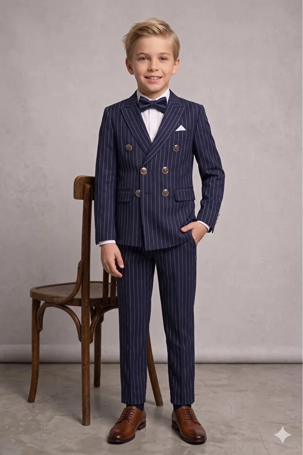 Boys Striped Jacket Shirt Pants Bow Tie Suit Set