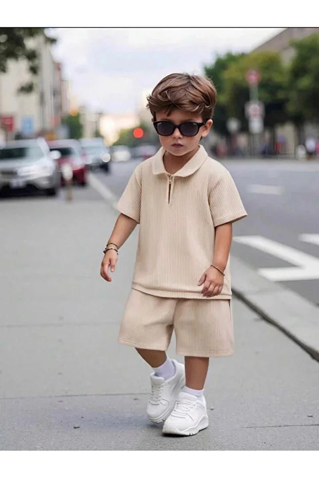 Zipper Detailed V-Neck Cotton Summer Shorts Set - Beige