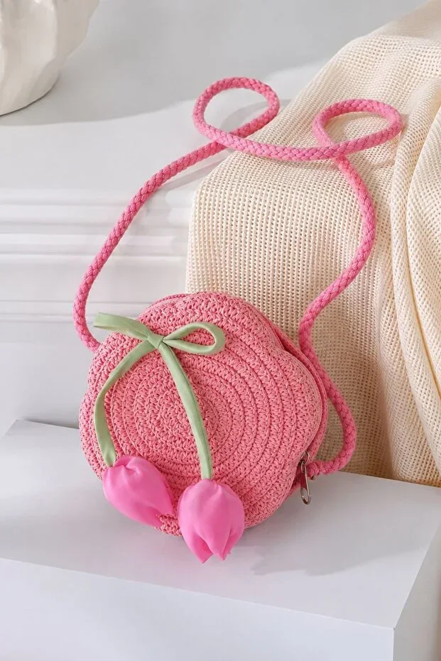 Minigimin Cicileri Tulip Detailed Straw Girl Child Mini Bag - Coral